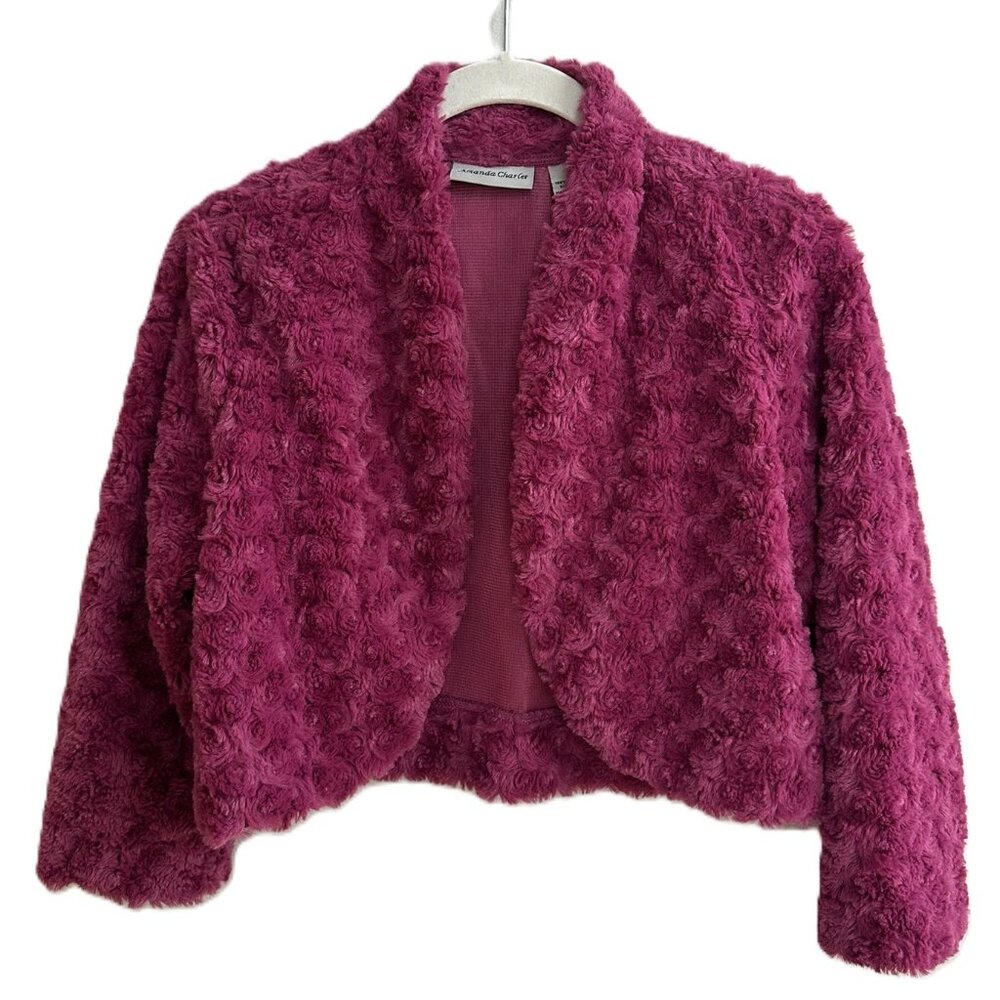 Amanda Charles Faux Fur Cropped Jacket Women's Size Medium Bolero Fuschia